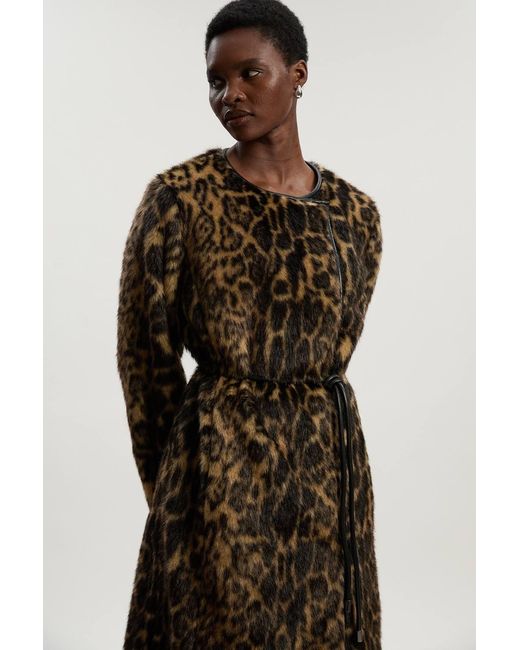 Karen Millen Multicolor Faux Fur Leopard Collarless Tie Belted Midi Coat