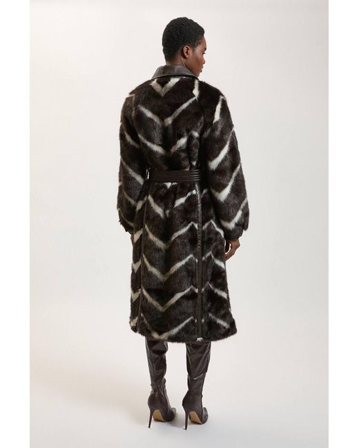 Karen Millen Black Panelled Stripe Faux Fur Pu Stitch Detail Belted Midi Coat