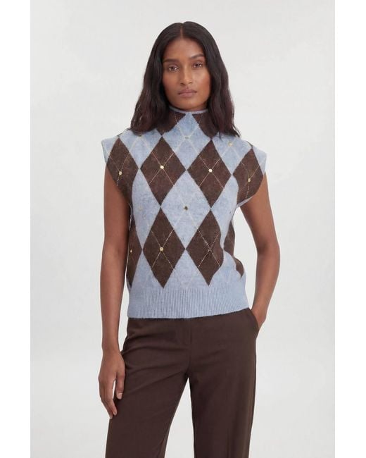 Karen Millen Blue Studded Argyle Wool Blend Cosy Knitted Top