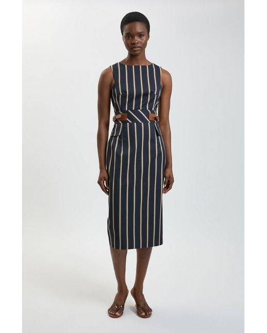 Karen Millen Blue Petite Stripe Side Tab Pencil Midi Dress