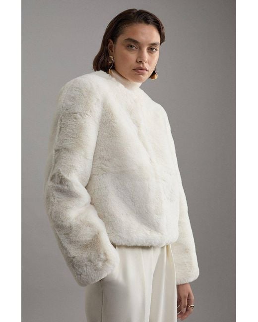 Karen Millen White Collarless Faux Fur Jacket