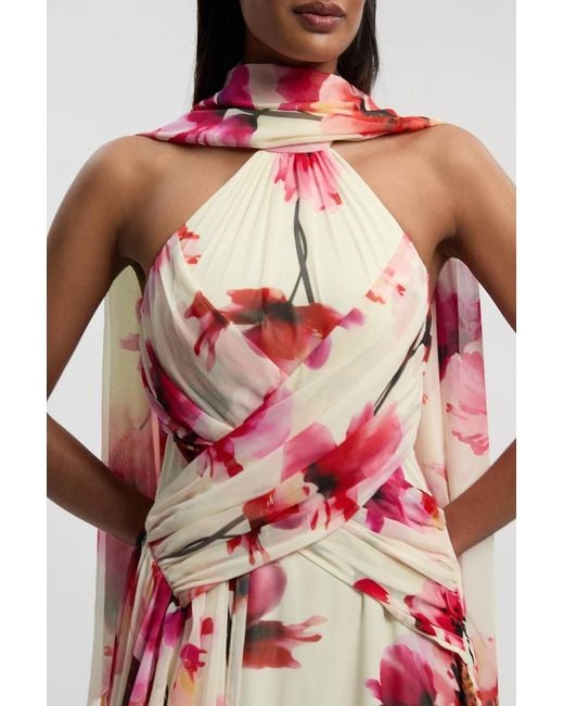 Karen Millen Red Floral Print Crinkle Cross Front Georgette Woven Maxi Dress