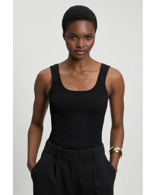 Karen Millen Black Viscose Blend Rib Knit Square Neck Vest
