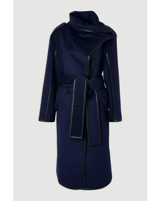 Karen Millen Blue Brushed Wool Pu Mix Scarf Neck Belted Tailored Maxi Coat