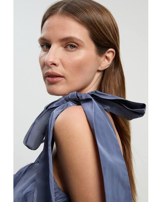 Karen Millen Blue Textured Ruffle Woven Midi Prom Dress