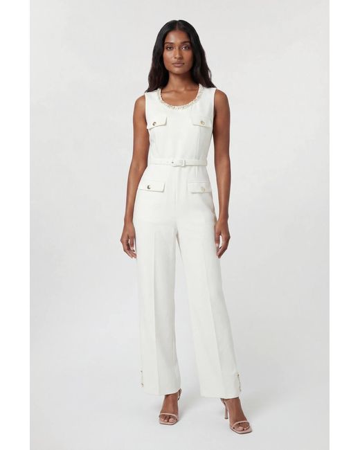 Karen Millen White Compact Stretch Embellished Trim Tailored Wide Leg Jumpsuit