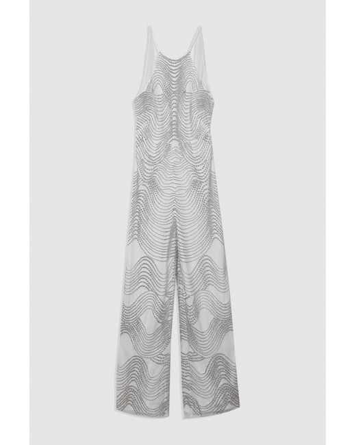 Karen Millen Gray Embellished Geo Halter Woven Jumpsuit