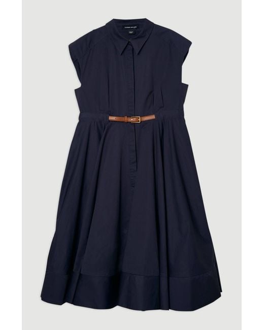 Karen Millen Blue Tailored Cotton Belted Collared Full Midi Dress