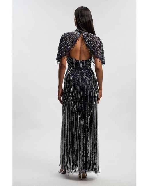 Karen Millen Black Crystal Embellished Woven Maxi Dress With Removable Cape
