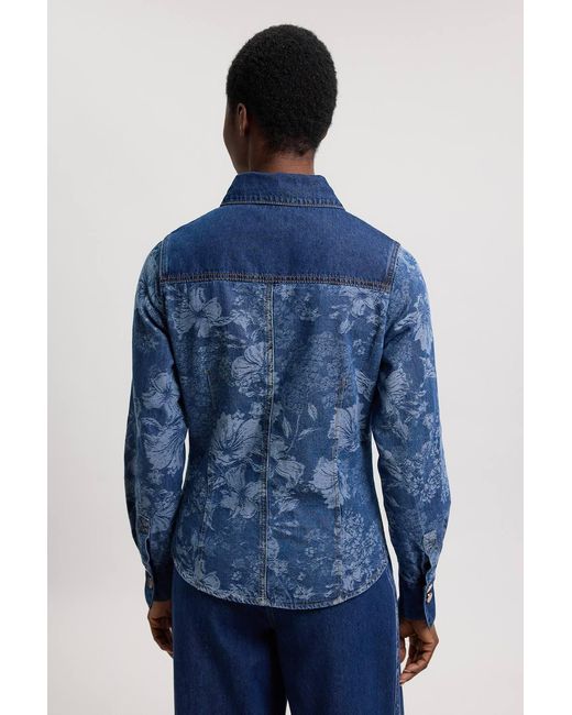 Karen Millen Blue Jacquard Denim Contrast Collar And Cuff Shirt