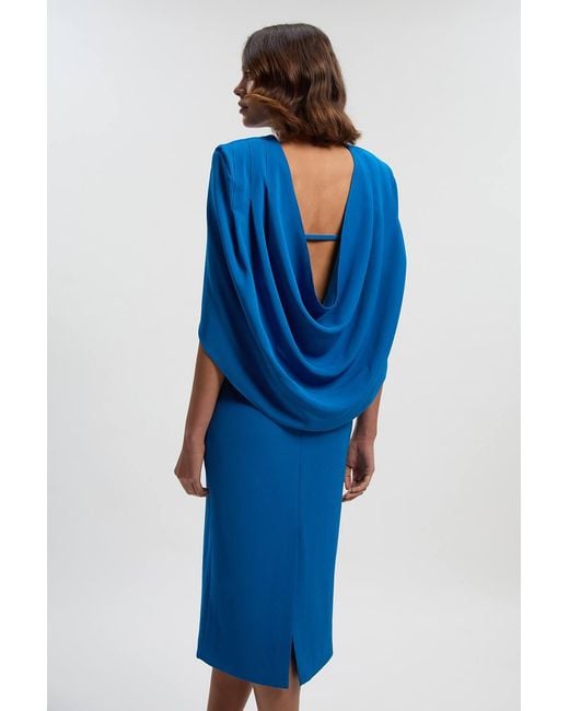 Karen Millen Blue Tailored Drape Back Pencil Midi Dress