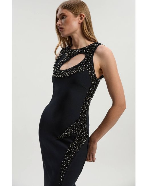 Karen Millen Black Embellished Figure Form Bandage Sleeveless Knit Maxi Dress