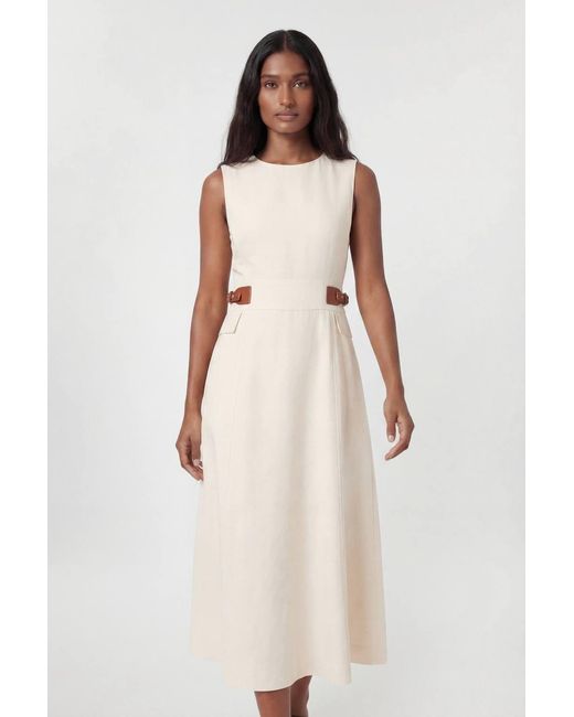 Karen Millen Natural Tailored Linen Tab Waist Detail Full Skirt Midi Dress