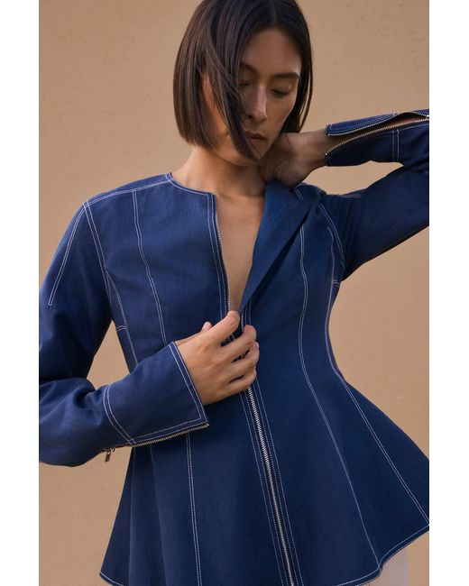 Karen Millen Blue Tencel Cotton Contrast Stitch Zip Front Woven Jacket