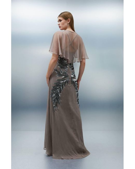 Karen Millen Gray Petite Feather Embellished Woven Cape Sleeve Maxi Dress