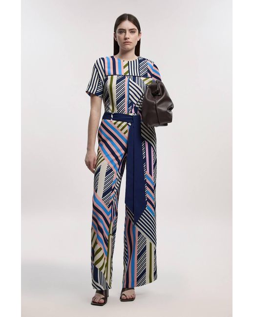 Karen Millen Blue Geo Print Twill Cap Sleeve Woven Top