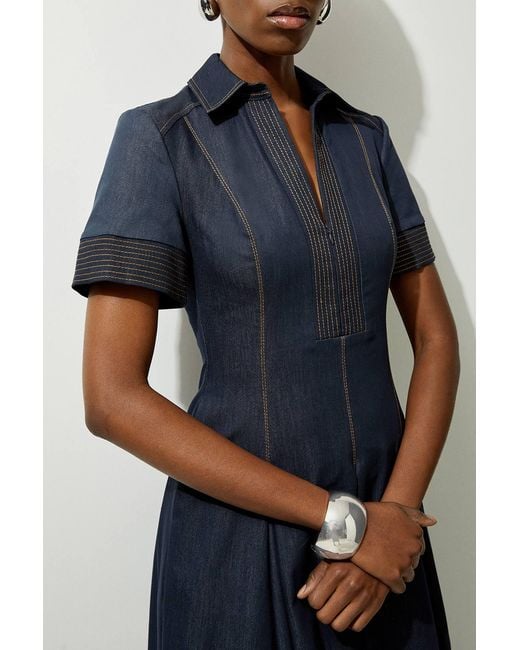 Karen Millen Blue Tailored Denim Full Skirted Midi Shirt Dress
