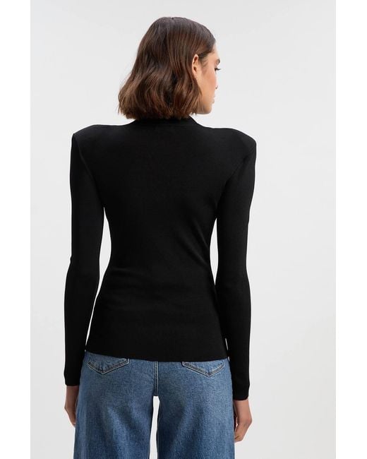 Karen Millen Black Slinky Drape Knit Power Shoulder Funnel Neck Top