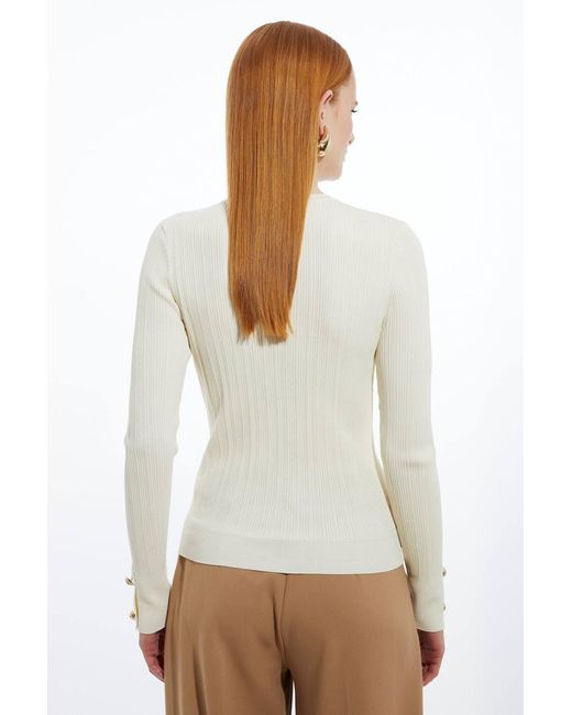 Karen Millen Natural Forever Military Trim Rib Long Sleeve Knit Top