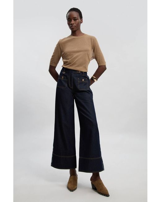 Karen Millen Black Denim & Jacquard Contrast Wide Leg Jeans