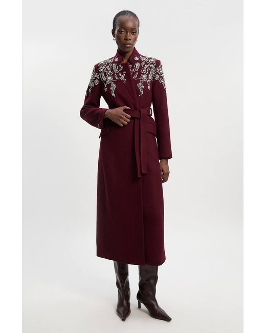 Karen Millen Red Wool Crystal Embellished Notch Neck Belted Maxi Coat