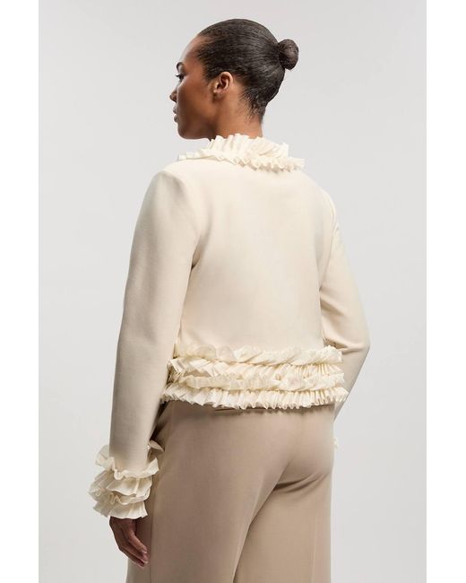 Karen Millen Natural Plus Size Figure Form Bandage Knit Jacket With Woven Ruffle Trim