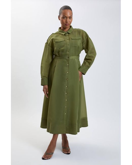 Karen Millen Green Plus Size Trim Detail Organdie Midi Shirt Dress
