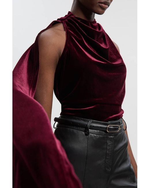 Karen Millen Red Stretch Velvet High Neck Cape Shoulder Bodysuit