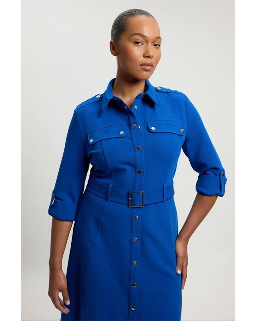 Karen Millen Blue Plus Size Tailored Belted Midi Shirt Dress