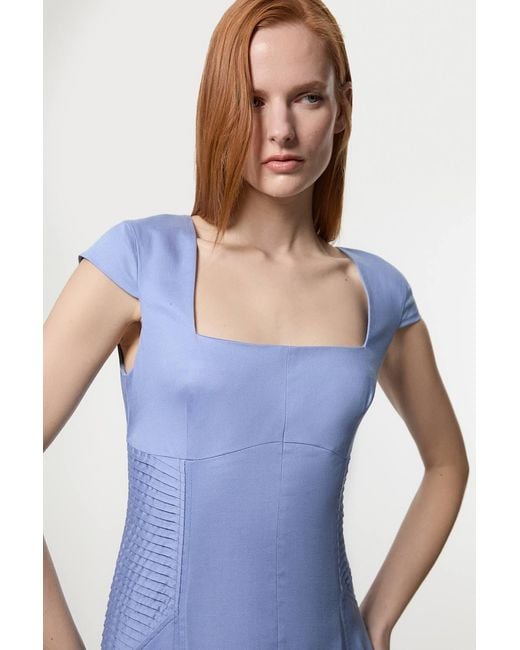 Karen Millen Blue Premium Linen Pintuck Detail Full Skirted Tailored Midi Dress
