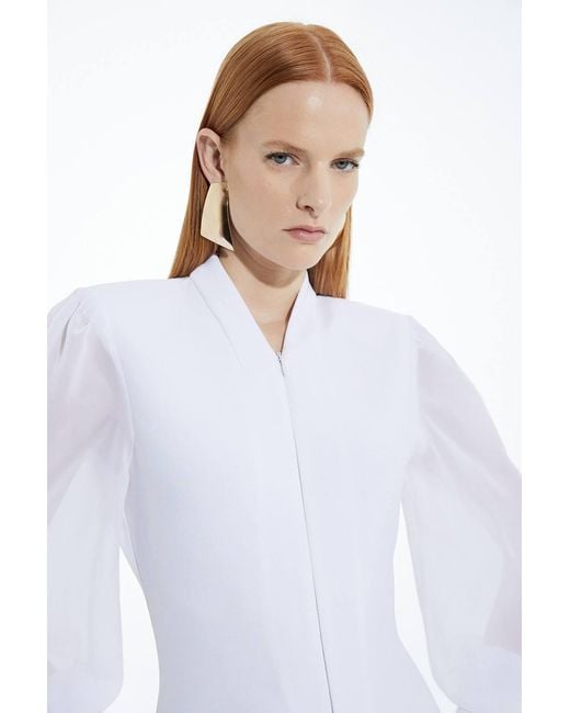 Karen Millen White Bandage Figure Form Zip Detail Chiffon Sleeve Knit Dress