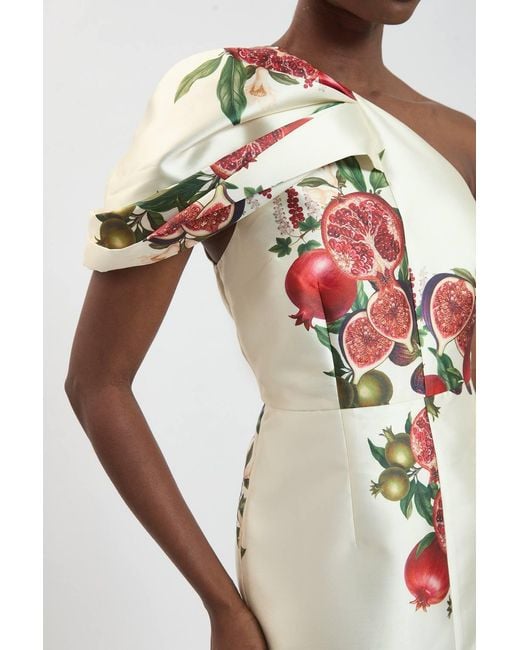 Karen Millen White Fruit Print One Shoulder Twill Midi Dress