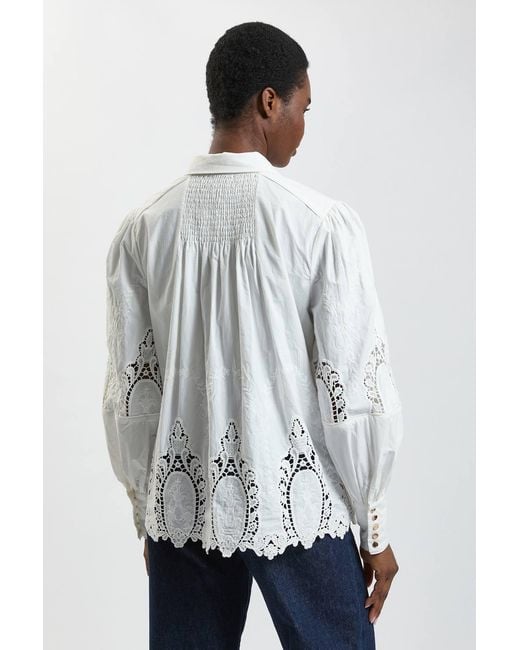 Karen Millen White Petite Cotton Cutwork Balloon Sleeve Woven Shirt