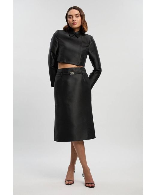 Karen Millen Black Petite Forever Satin Twill Cropped Wrap Tailored Jacket