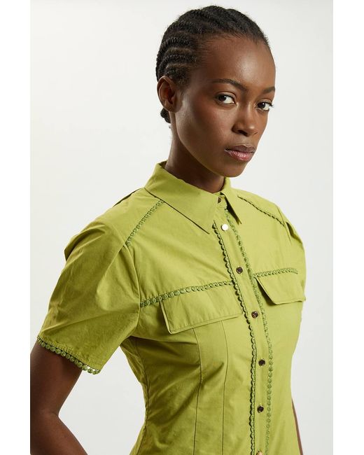 Karen Millen Green Cotton Cutwork Collared Woven Mini Dress