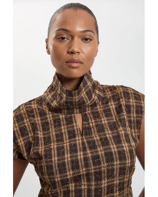 Karen Millen Brown Plus Size Beaded Check Print High Neck Top
