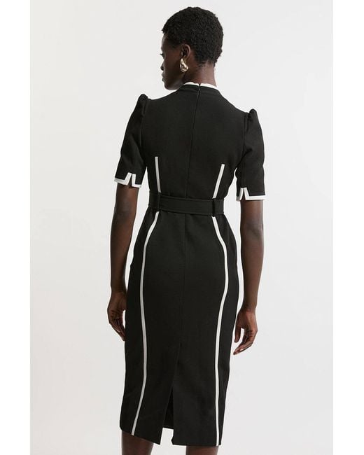 Karen Millen Black Compact Stretch Contrast Tipped Forever Belted Tailored Midi Dress