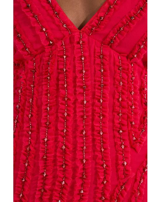 Karen Millen Red Embellished Ruffle Strappy Woven Maxi Dress