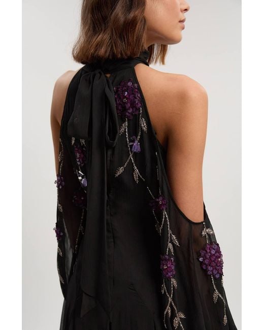 Karen Millen Black Cold Shoulder 3D Floral Applique Woven Maxi Dress