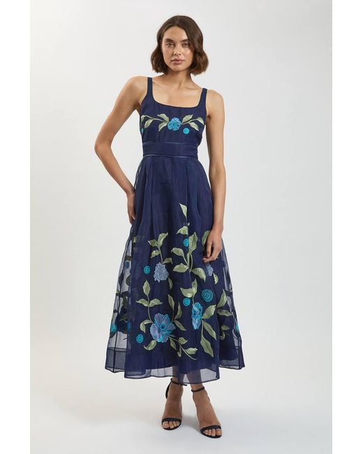 Karen Millen Blue Petite Embroidered Detail Organdie Midi Dress