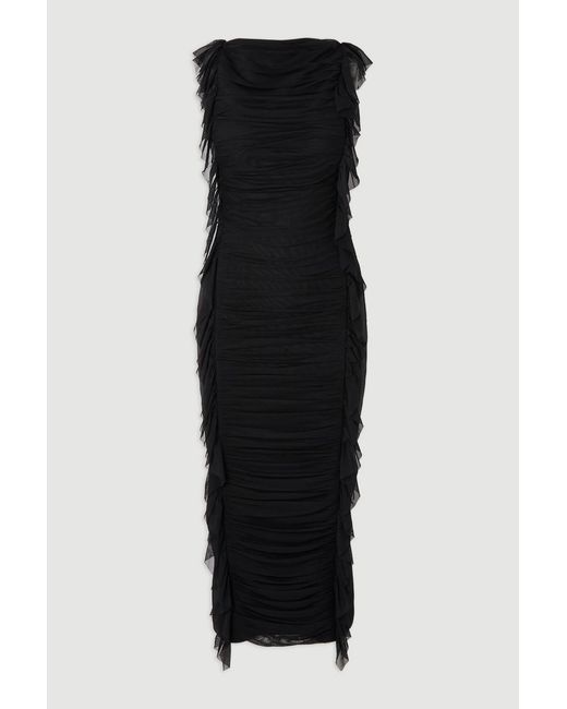 Karen Millen Black Bandage Mesh Gathered Ruffle Knitted Maxi Dress