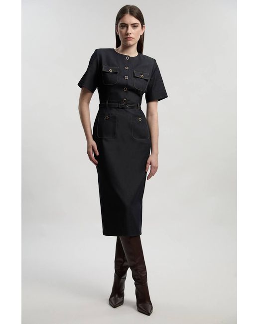 Karen Millen Black Tailored Denim Belted Midi Dress