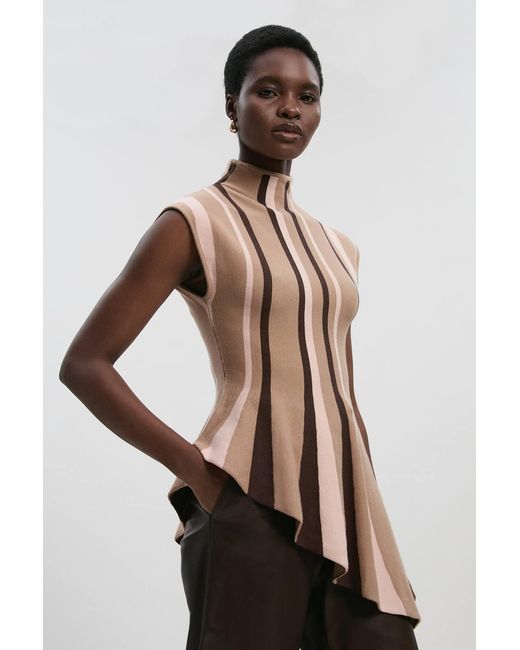 Karen Millen Natural Stripe Viscose Blend Asymmetric Hem Knit Top