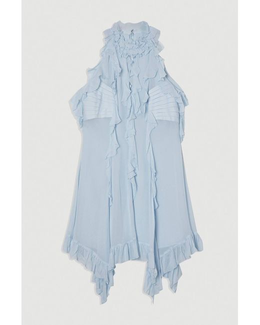 Karen Millen Blue Viscose Georgette Ruffle Halter Neck Woven Top Mini Dress