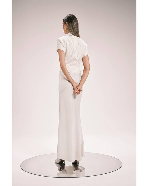Karen Millen Pink Boucle Tailored Tie Neck Satin Mix Midi Dress
