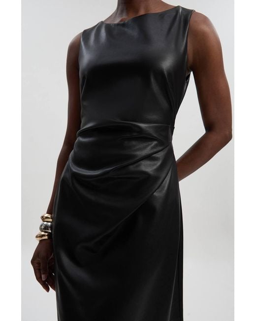 Karen Millen Black Faux Leather Ruched Asymmetric Pencil Dress