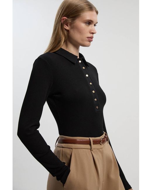 Karen Millen Black Viscose Rib Jersey Long Sleeve Collared Button Top