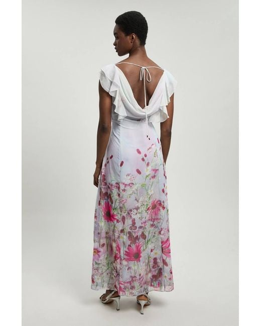 Karen Millen Pink Crinkle Georgette Floral Print Ruffle Sleeve Woven Midi Dress