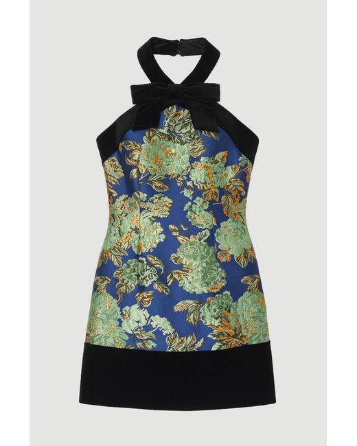 Karen Millen Green Velvet And Jacquard Contrast Halterneck Tailored Mini Dress
