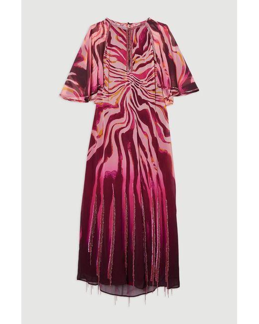 Karen Millen Red Tall Animal Print Georgette Embellished Short Sleeve Woven Maxi Dress